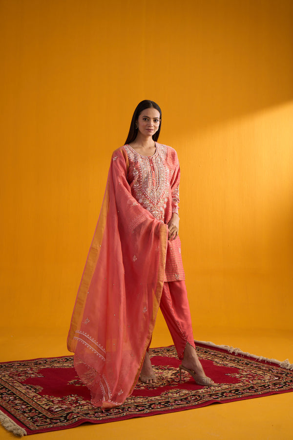Rust Chanderi Silk Kurta with Dhoti Salwar & Dupatta