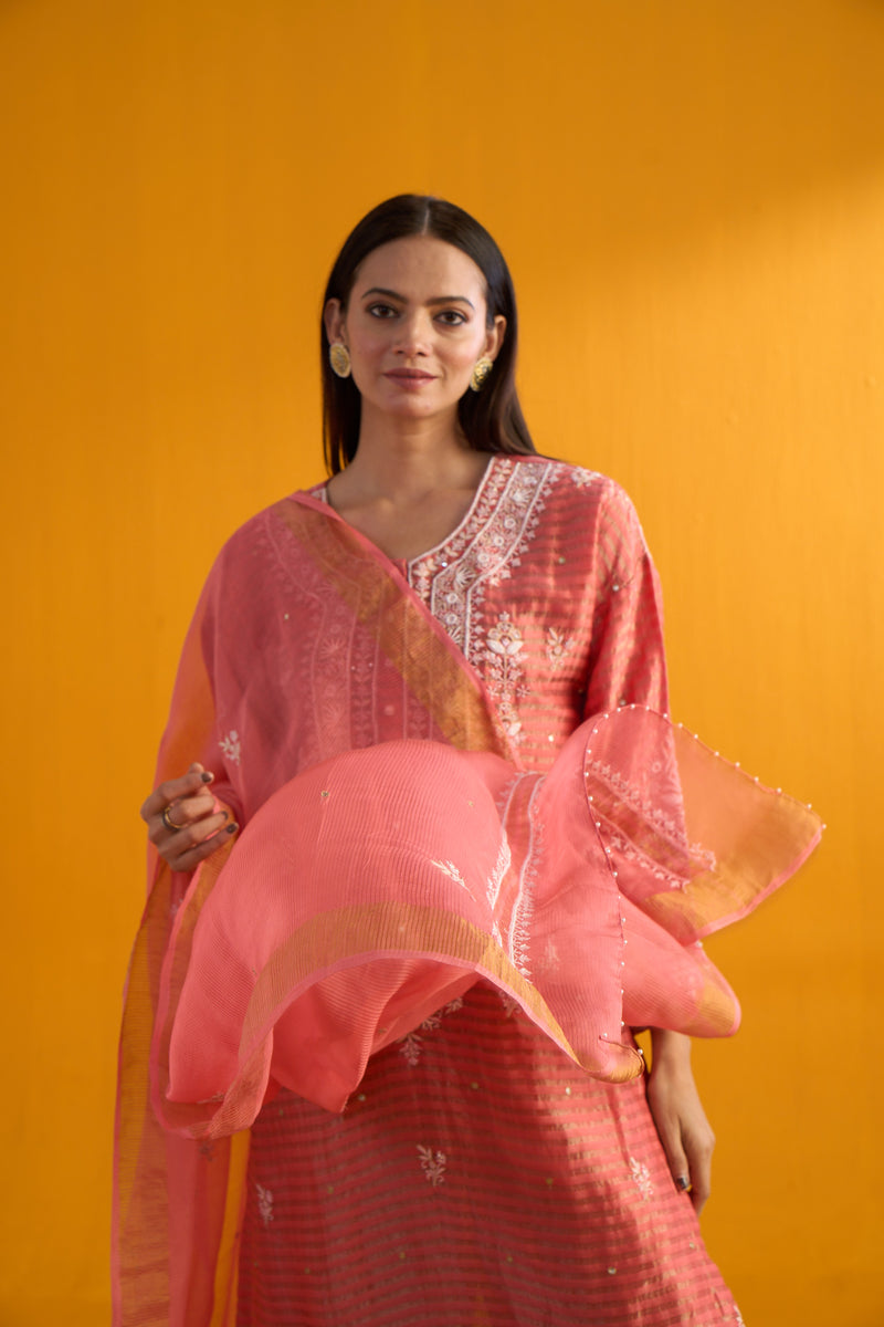 Rust Chanderi Silk Kurta with Dhoti Salwar & Dupatta